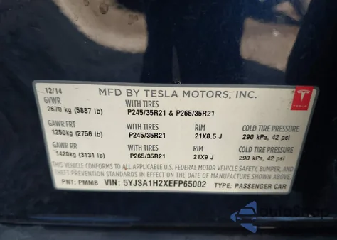 2014 Tesla Model S P85D from USA, damaged, VIN 5YJSA1H2XEFP65002